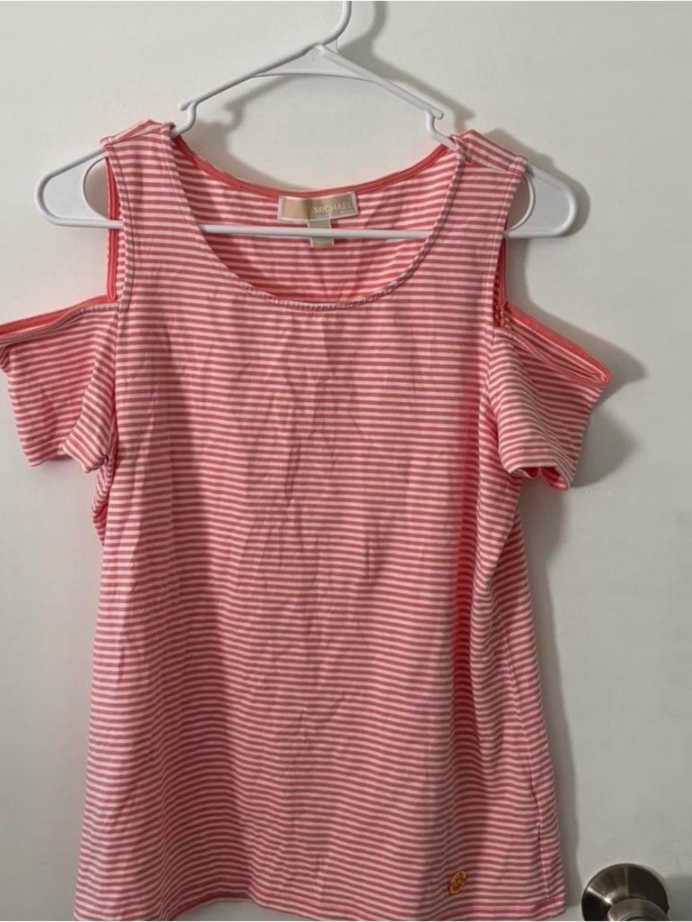 Michael Kors Coral Pink & White Striped Cold-Shoulder Tank